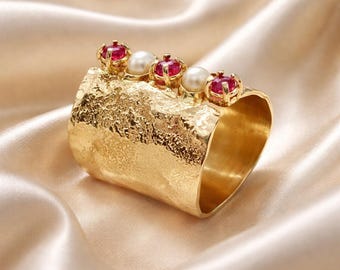 Handmade Wide Gold Ring: Ruby, Pearl, Rustic Statement Jewelry