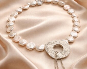 Handmade Coin Pearl Necklace, Sculpted Sterling Silver Pendant, Modern Statement Jewelry ,For The Bride