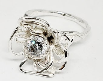 Bague en argent zircone, bague de promesse en argent massif, bague zircone avec pierre de naissance, bague en argent audacieuse, grosse bague en argent pour femme, bijoux fins