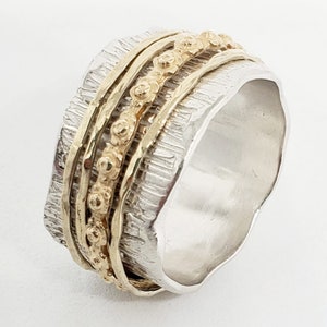 Hand-Sculpted Sterling Silver Spinner Ring: Rustic Yellow Gold Floral Accents