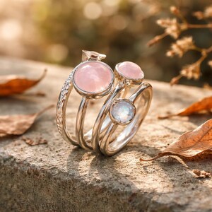 Sterling Silver Spiral Ring: Rose Quartz & Moonstone Stacking Ring image 5