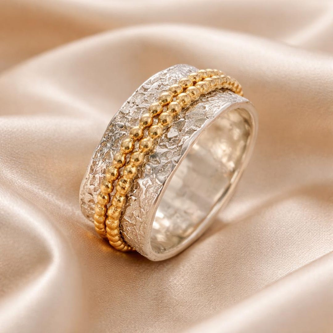 Handmade Sterling Silver Spinner Ring: Wide Textured Band With 14k Gold ...
