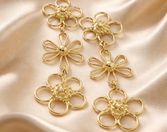 Handmade Gold Flower Long Studs, Sculptural Floral Drop Earrings, Nature Inspired Artisan Gold Jewelry