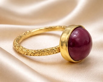 Handmade 14K Gold Ruby Ring: Textured Band, July Birthstone