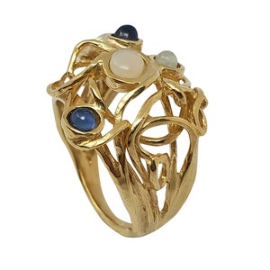 Hand-Sculpted Gold Gemstone Ring: Opal, Sapphire, Aquamarine