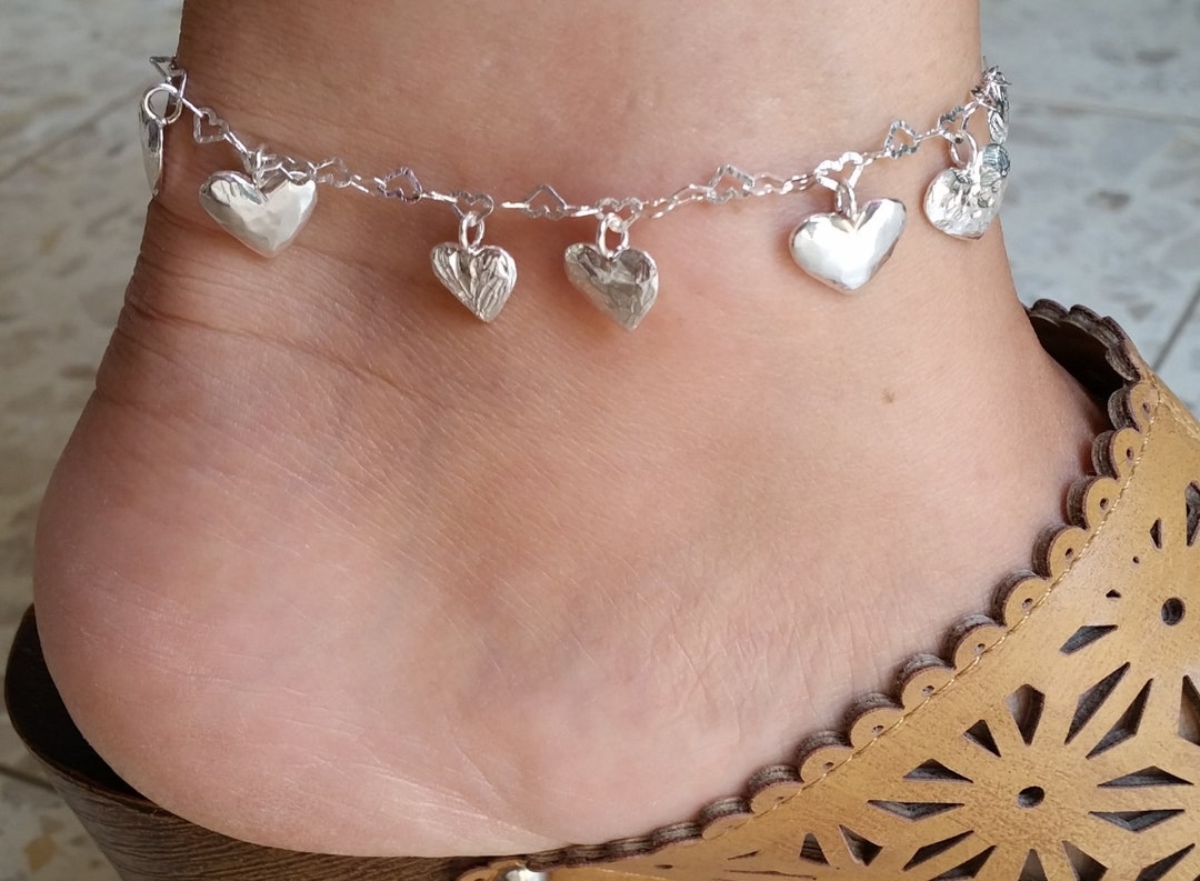 Sterling Silver Chain Anklet ,silver Heart Link Ankle Bracelet ,solid