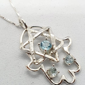 Sterling Silver Hamsa Pendant: Star of David, Blue Topaz Gemstones