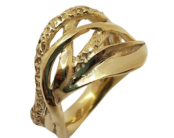 Handmade Gold Stacking Ring: Twisted Textured Bands, Polished Leaf