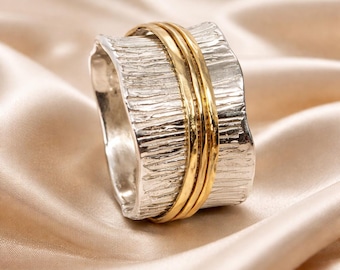 Hand-Sculpted Rustic Silver Spinner Ring: Hammered Gold Rings, Artisan Jewelry
