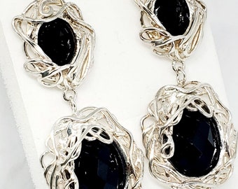 Onyx Silver Drop Earrings ,Long Studs Solid Silver Earrings ,Chandelier Silver Onyx Earrings ,Oval Shape Gemstones Earrings ,Fine Jewelry
