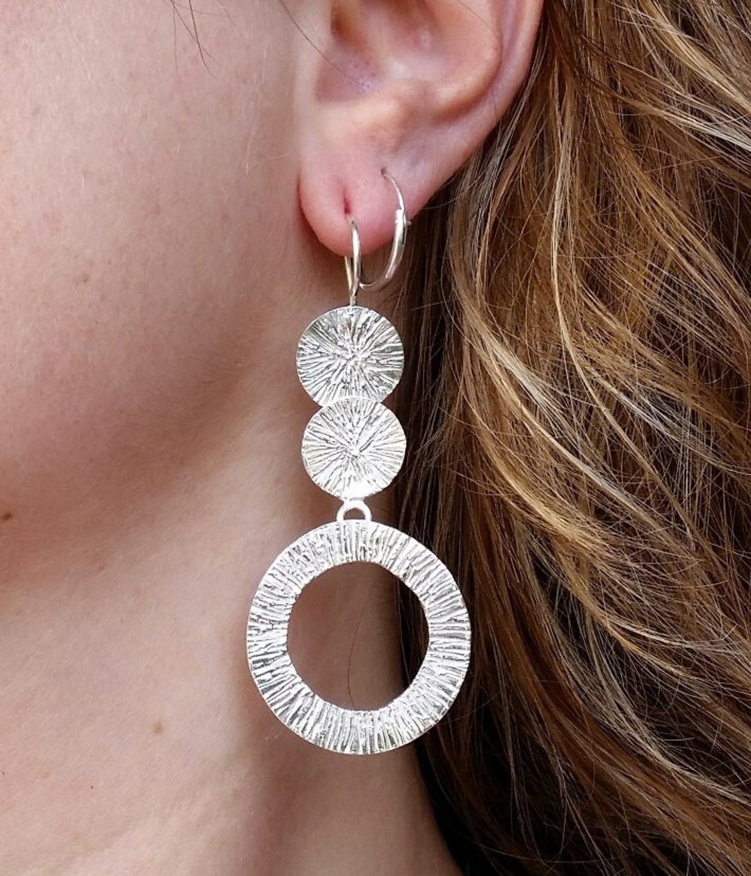Silver Swinging Circles Dangly Earrings ,long Silver Coin Earrings