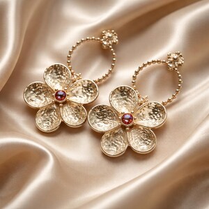 Sterling Silver Flower Earrings: Ruby Gemstone Dangle Studs