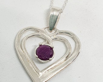 Silver Heart Ruby Pendant ,Ruby Solid Silver 925 Pendant ,Love Silver Heart Necklace ,Romantic Birthstone Ruby Pendant ,Fine Jewelry