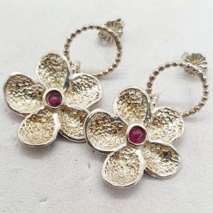 Sterling Silver Flower Earrings: Ruby Gemstone Dangle Studs