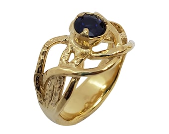 Handcrafted Gold Sapphire Engagement Ring: Sculpted Textured Design