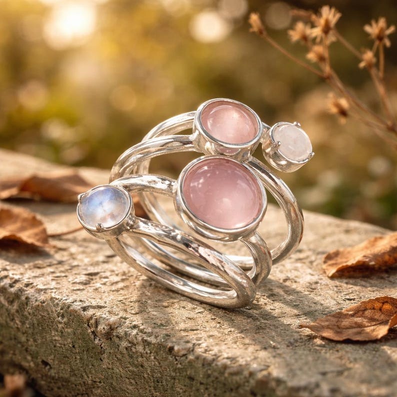 Sterling Silver Spiral Ring: Rose Quartz & Moonstone Stacking Ring image 6
