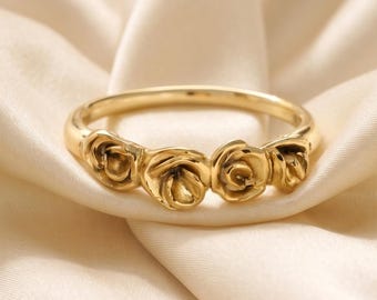 Gold Roses Floral Stacking Ring, Handmade Gold Flower Band, Dainty Rose Nature Inspired Minimalist Jewelry Gift for Her