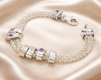Handmade Sterling Silver Charm Bracelet: Sculpted Textured Links, Amethyst Gemstones