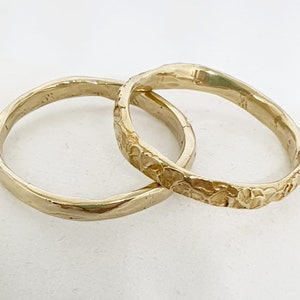 His and Hers 14K Gold Wedding Ring Set – Handmade Sculpted Textured Bands for Bride and Groom – Organic Minimalist Solid Gold Rings