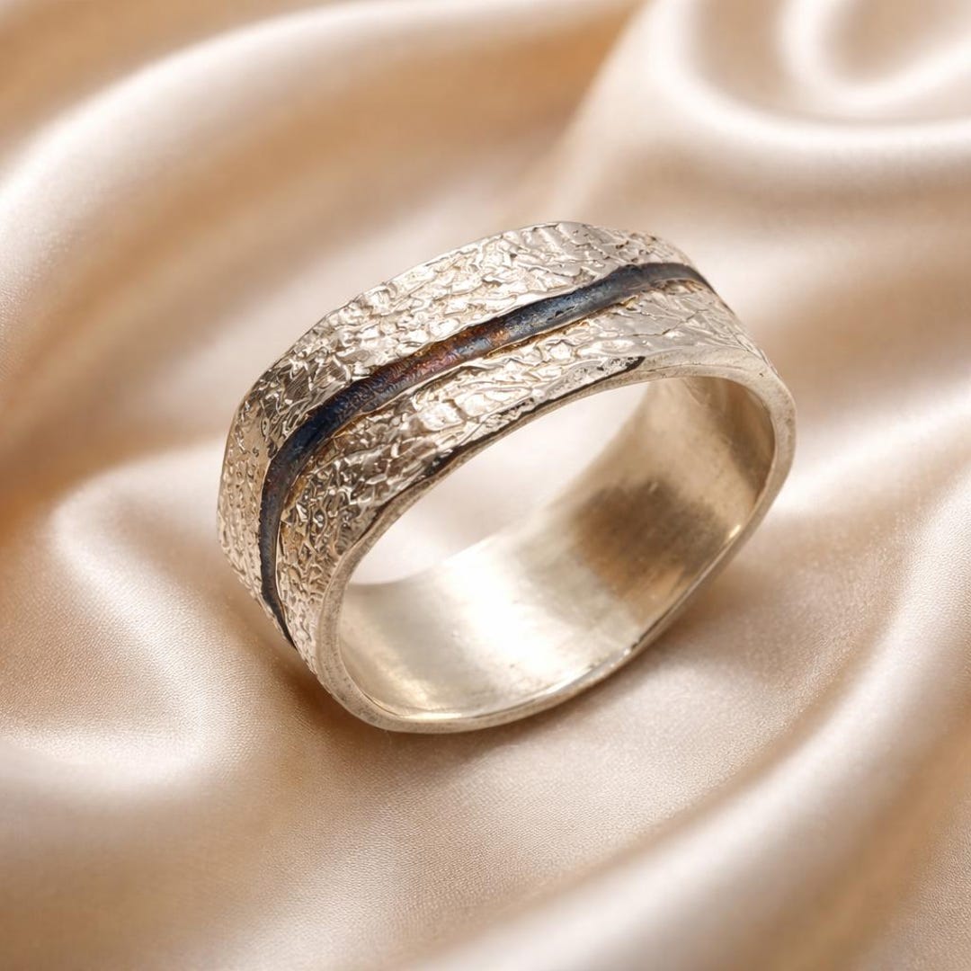 アクセサリー Vintage Texture Silver Ring Oxidized Sterling Silver Wedding Band: Rustic Texture Couple Ring