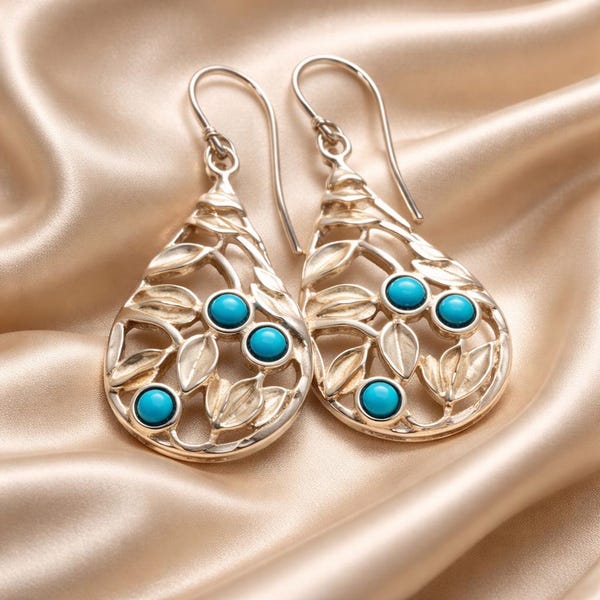 Handmade Silver Turquoise Drop Earrings: Sculpted Nature Jewelry
