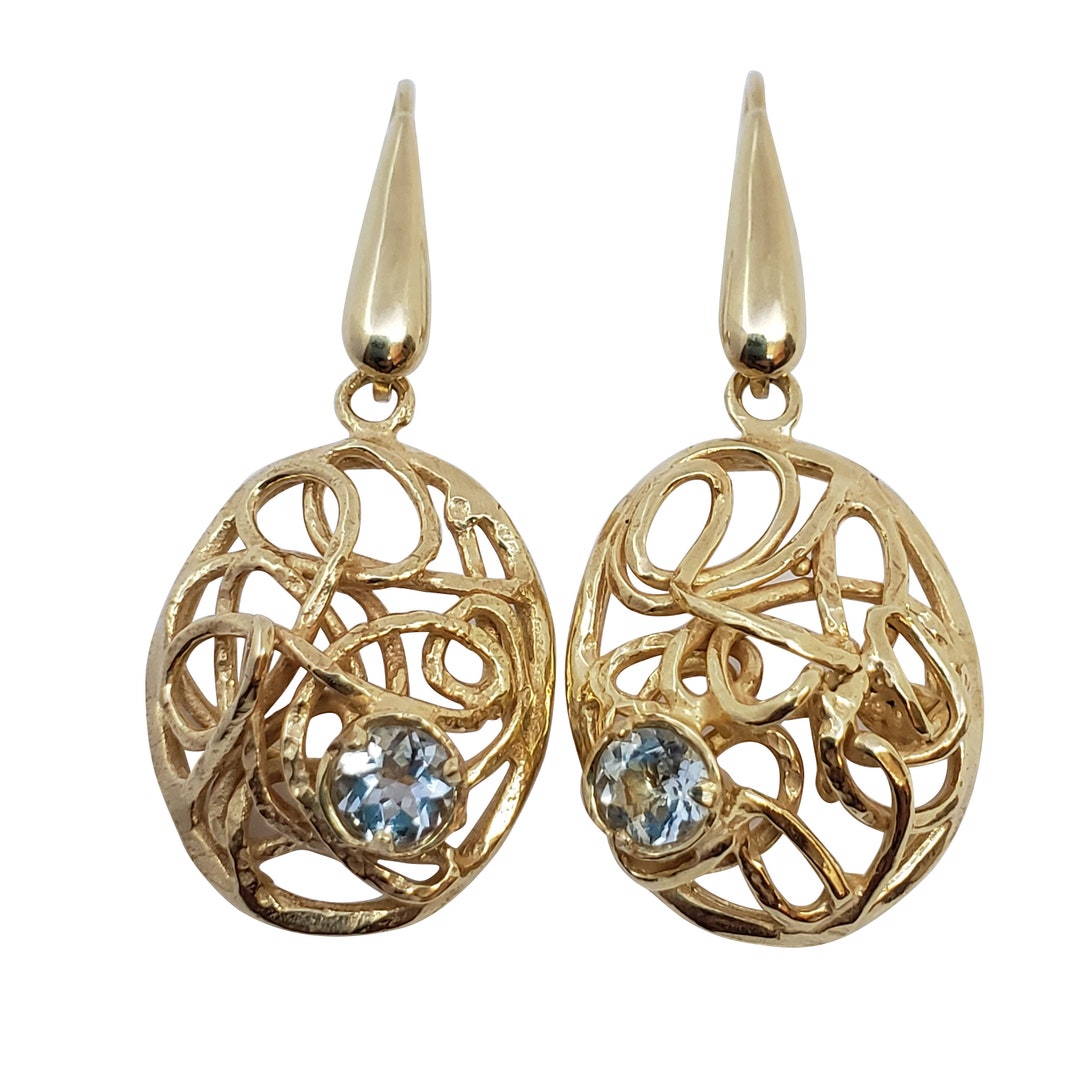 14K Gold Aquamarine Dangly Earrings ,14K Solid Gold Drop Swinging