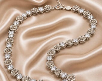Rose Moissanite Necklace Sterling Silver, Floral Tennis Necklace, Luxury Flower Jewelry, Bridal Necklace, Anniversary Gift for Her