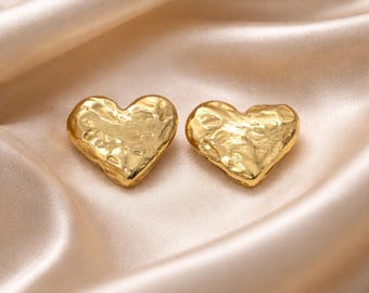 Handmade 14k Gold Heart Stud Earrings: Sculpted Texture, Minimalist Jewelry