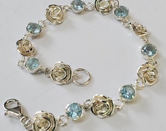 Sterling Silver Link Bracelet ,Silver Solid Flowers Link Bracelet ,Blue Topaz Silver Women's Charm ,Birthstone Silver Bracelet ,Fine Jewelry