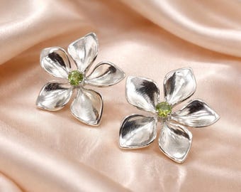 Sterling Silver Flower Stud Earrings with Birthstone, Handmade Floral Botanical Earrings, Artisan Nature Jewelry