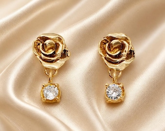 Gold Rose Stud Earrings with Lab Diamond Dangle, Floral Gold Earrings, Handmade Flower Earrings, Luxury Gift for Her
