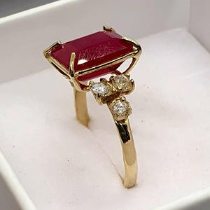 Emerald Cut Ruby Gold Ring With Little Diamonds Modern Engagement