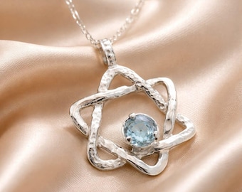 Sterling Silver Star of David Pendant: Blue Topaz Jewish Star