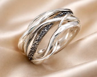 Oxidized Sterling Silver Stacking Ring: Handmade Textured Boho Band