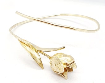 Gold Cuff Bracelet ,Adjustable Flower Bracelet ,Tulip Cuff Bracelet 14K Gold ,Solid Gold Cuff ,Large Flower Tulip Bracelet ,Fine Jewelry