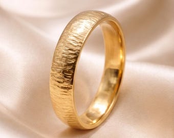 Handmade Textured Gold Wedding Band, Unisex Modern Gold Ring, Minimalist Rustic Wedding Band, Organic Nature Inspired Ring