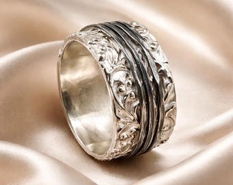 Wide Sterling Silver Spinner Ring: Lace Texture, Oxidized Hammered Bands