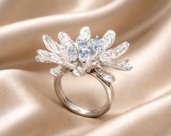 Silver Flower Ring with Blue Topaz – Handmade Floral Statement Ring, Nature Inspired Jewelry