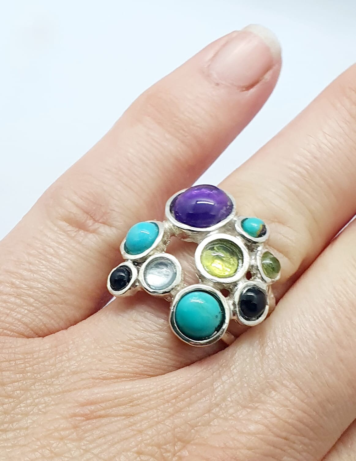 Anello in argento Sterling 925 con peridoto granato ametista