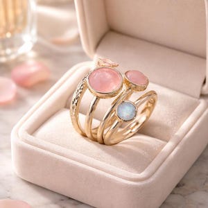 Sterling Silver Spiral Ring: Rose Quartz & Moonstone Stacking Ring image 3