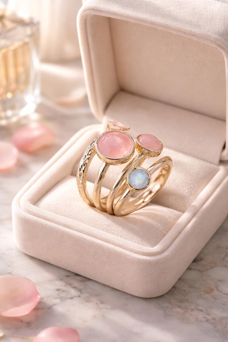 Sterling Silver Spiral Ring: Rose Quartz & Moonstone Stacking Ring image 3