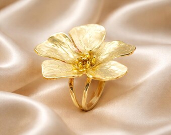 14K Gold Flower Ring: Hand-Sculpted Blossom, Artisan Jewelry