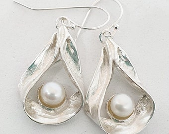 Handmade Sterling Silver Pearl Drop Earrings: Sculpted Bridal Jewelry