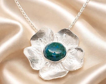 Handmade Sterling Silver Eilat Stone Flower Necklace: Sculpted Statement Jewelry