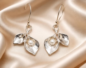 Sterling Silver Calla Lily Earrings: Pearl Flower Dangle Earrings