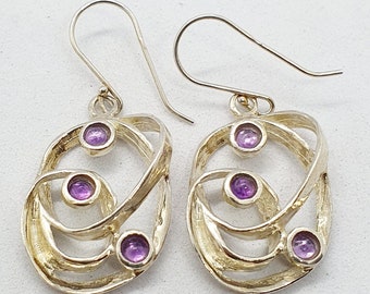 Handmade Sterling Silver Amethyst Dangle Earrings: Sculpted Gemstone Jewelry