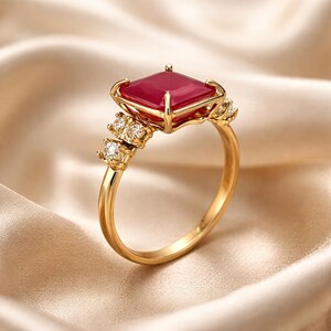 Bague de fiançailles moderne en or rubis taille émeraude avec petits diamants