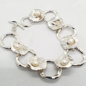 Handmade Sterling Silver Link Bracelet: Sculptural Pearl Boho Jewelry