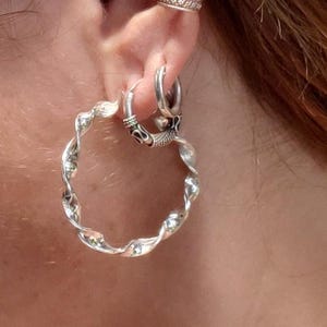 Handcrafted Sculpted Silver Hoop Earrings – Large Twisted Sterling Silver Hoops – Artisan Statement Earrings – Modern Boho Jewelry