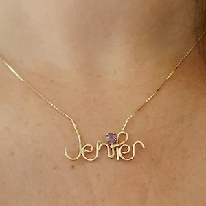 Collar de oro personalizado con nombre y piedra de nacimiento – Joyería personalizada con nombre en alambre – Collar con monograma de oro macizo esculpido a mano